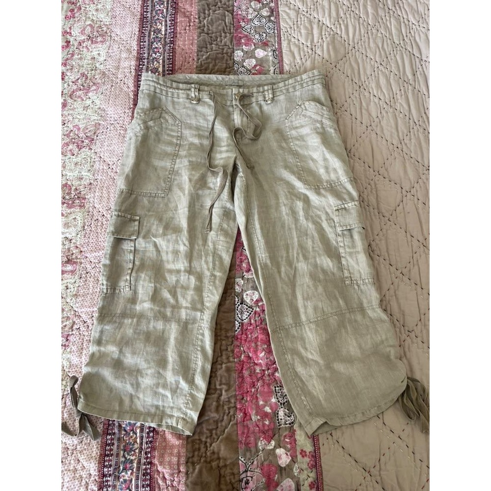 Joie 100% Linen Cargo Pants Khaki Beige Cropped Cinched Cuff Size 8 889-1964